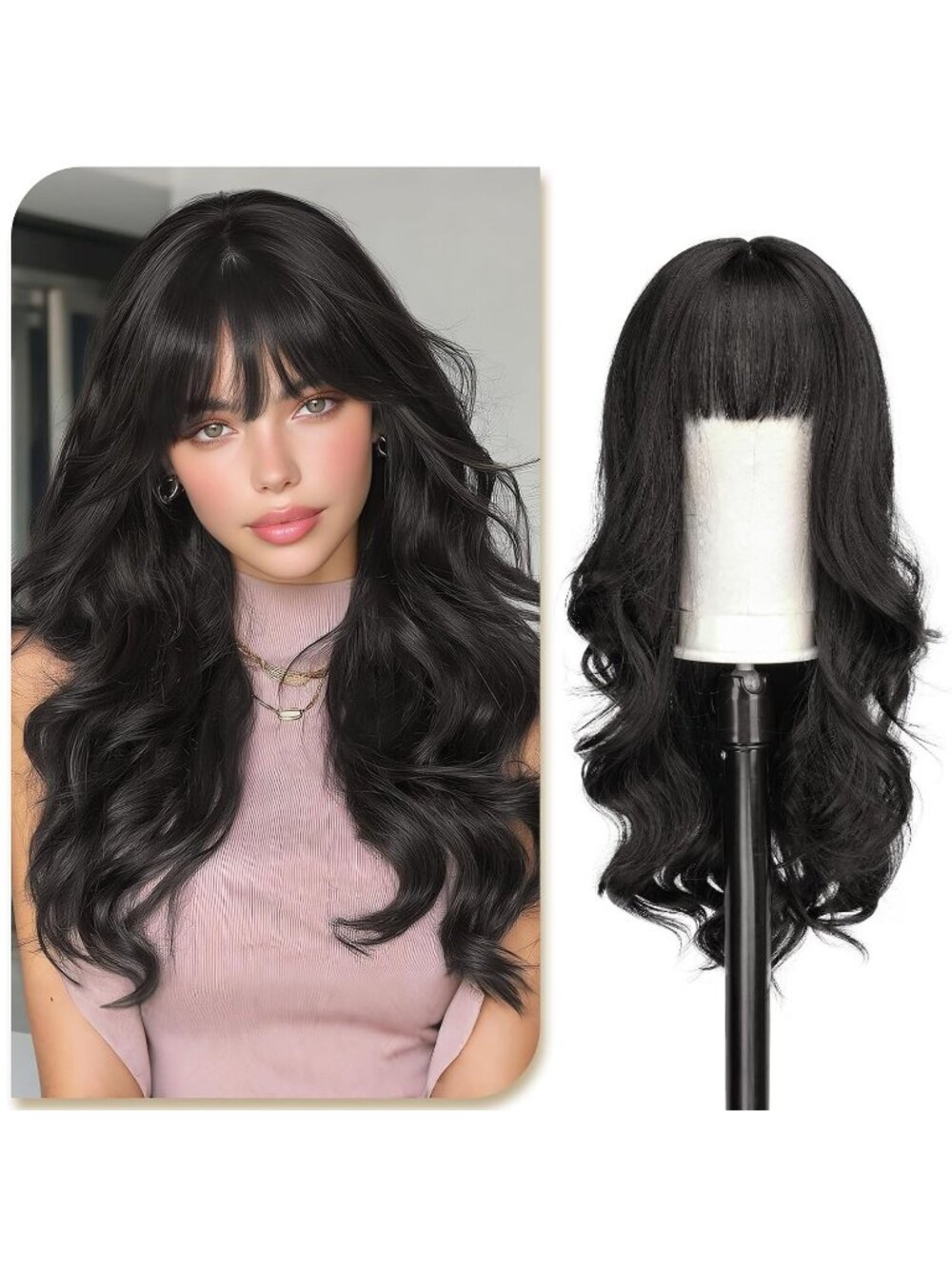 24 Inch Women's Dark Brown Highlights Natural Looking Synthetic Wig with Bangs